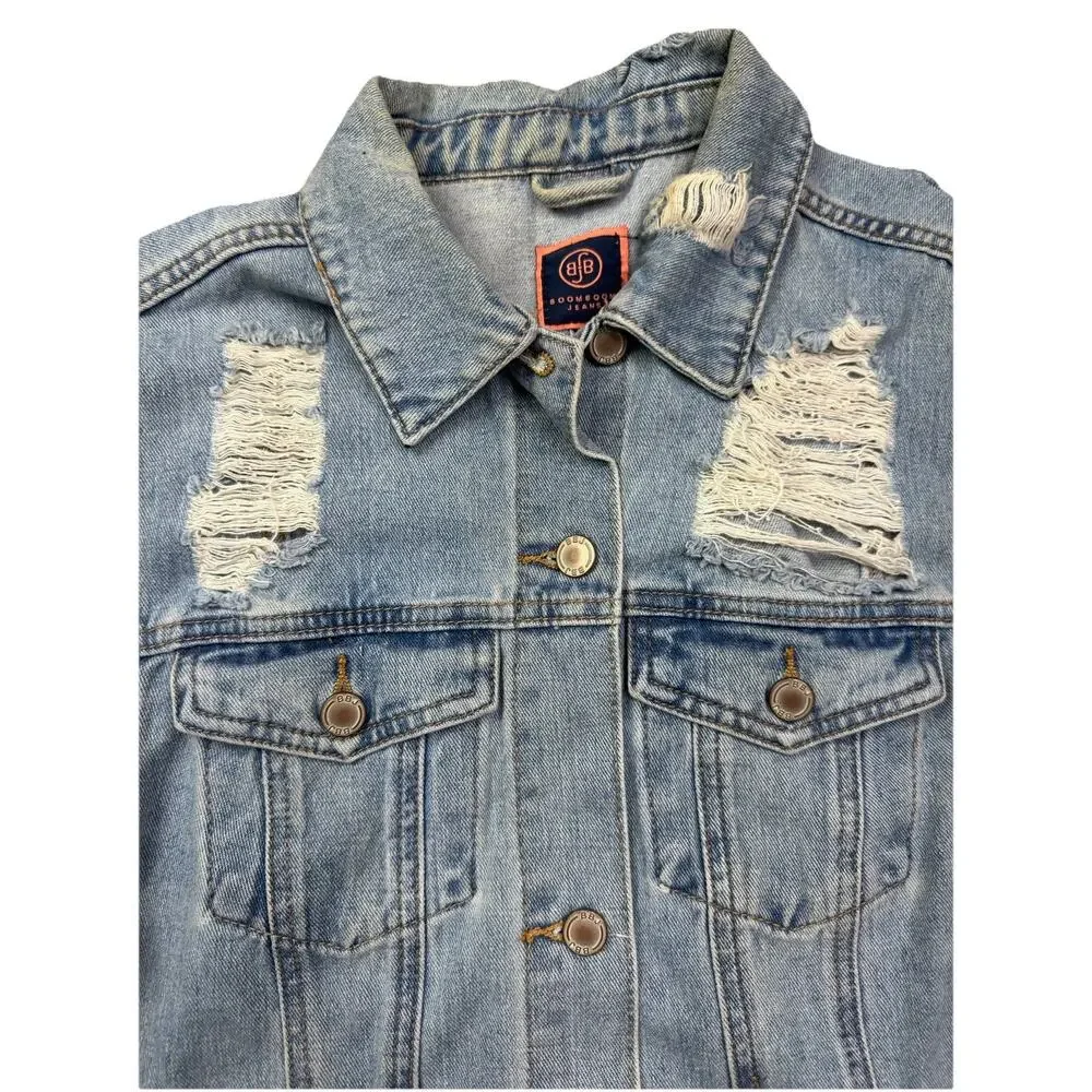 Boom Boom Jean Denim Jacket Distressed Size Medium‎ Western Rodeo Boho oversized